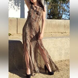 Lush Animal Print Semi Sheer High Slit Maxi Dress
